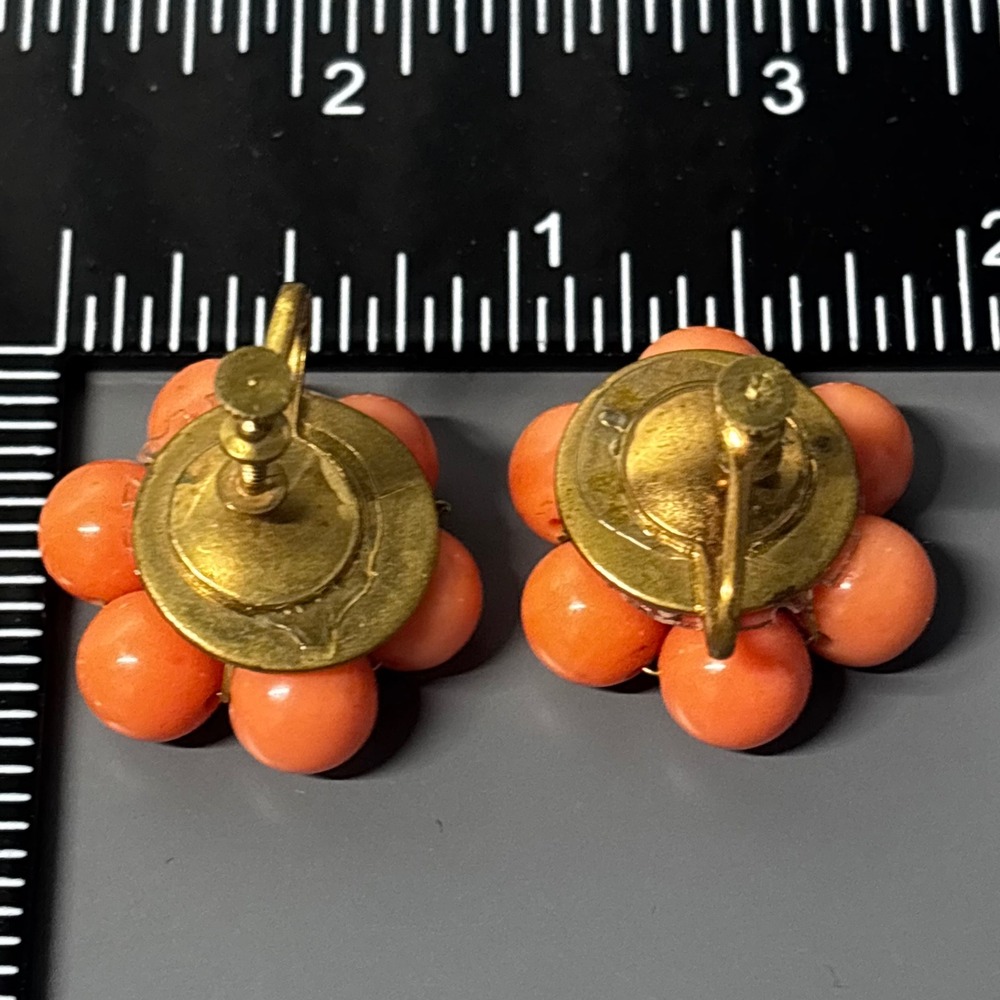 Vintage Orange Beaded Cluster Clip On Earrings Screw Backs‎ Flower Shape Boho - Picture 4 of 6